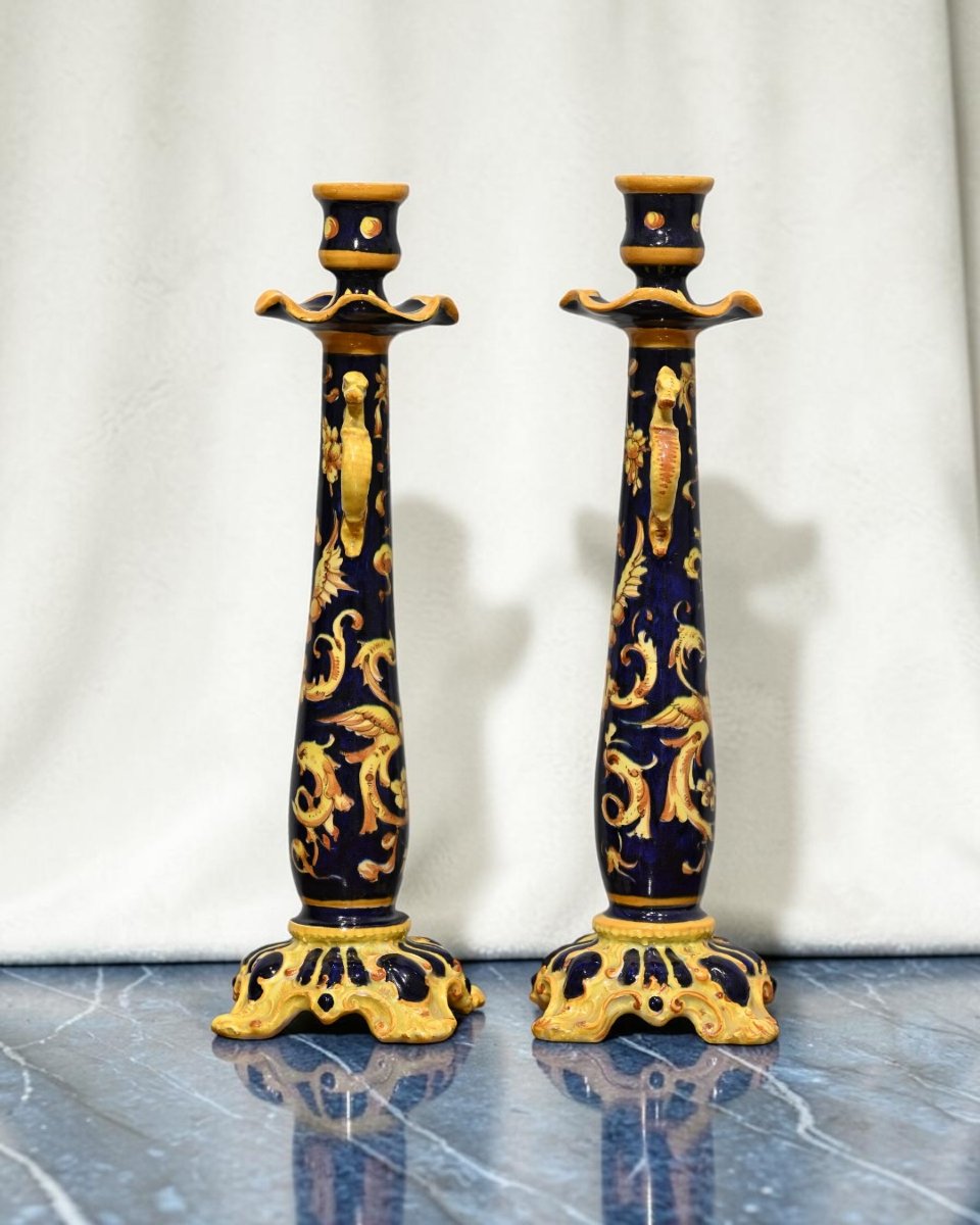 Coppia Di Candelieri In Ceramica Policroma - Italia Inizio XX Secolo-photo-1